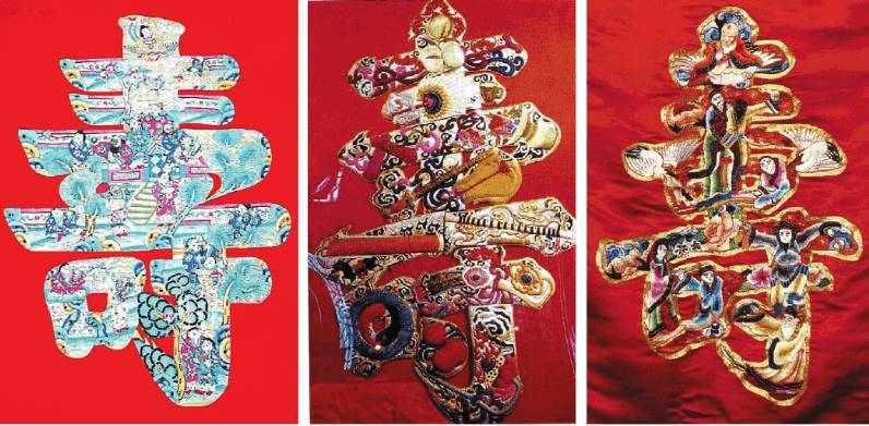 从左到右:明缂丝群仙寿字堂福中的寿,清代刺绣有"暗八仙"寿幛中的寿